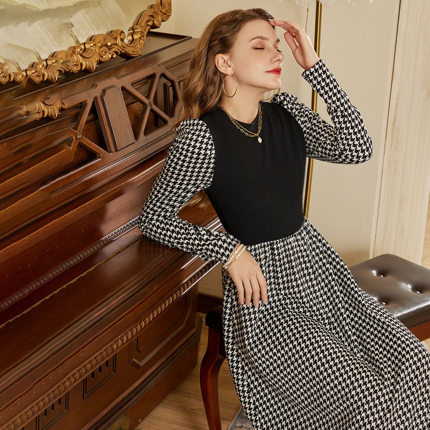 Long sleeve dress 2023 Thousand-bird plaid patchwork dress Spring and autumn women's leisure medium length A-line dress