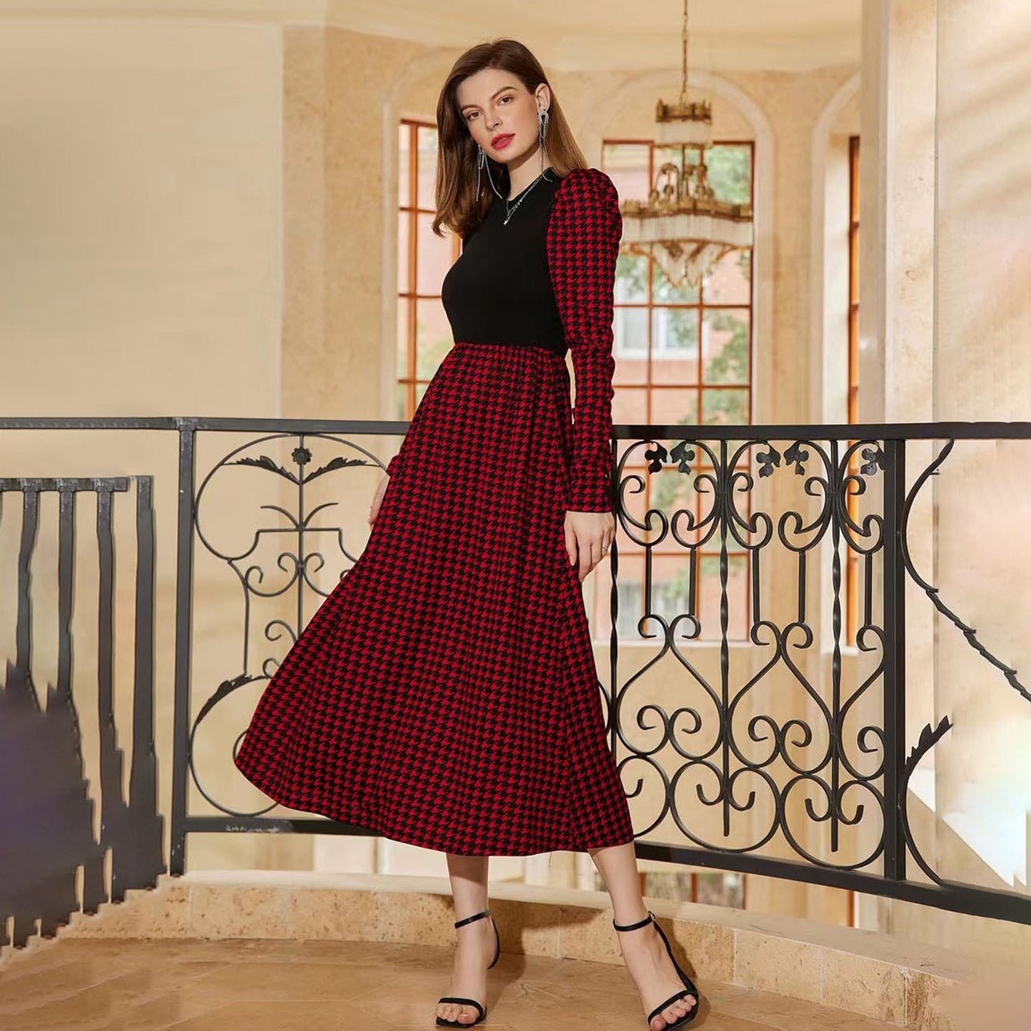 Long sleeve dress 2023 Thousand-bird plaid patchwork dress Spring and autumn women's leisure medium length A-line dress