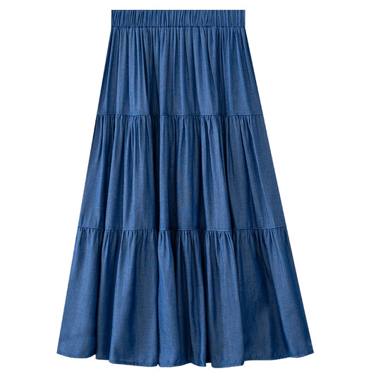 New Women's Ice Silk Skirt Spring-Summer Mid Length High Waist Large Swing Cake Skirt Solid Color Patchwork Denim Skirt