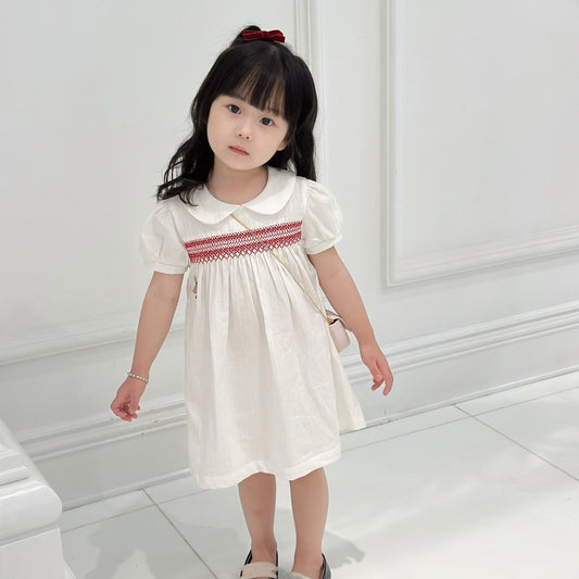 Pre-sale Sent in February Summer Girls Short Sleeve Dress Rabbit Pattern Letter Embroidery Handmade Pleated Dress