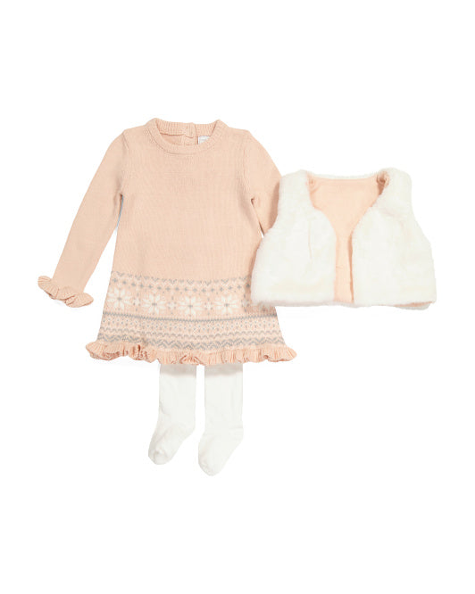 Toddler Girls Sweater Dress With Faux Fur Vest And Tights