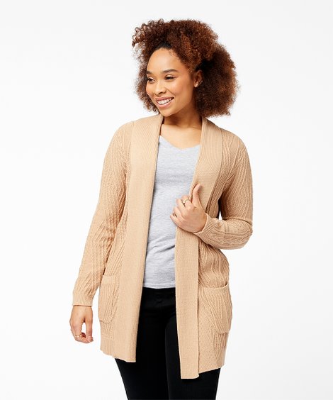 Arpeggio Knitwear | Cinnamon Beige Cable-Knit Pocket Open Cardigan - Women & Plus