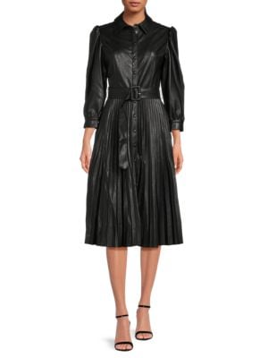 T Tahari
                                                                         Belted Accordian Pleated Faux Leather Dress