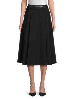 DKNY Pleated Faux-Leather Trim Midi-Skirt