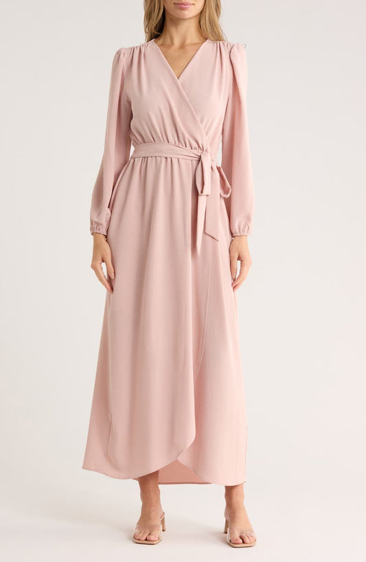 Connected Apparel Faux Wrap Long Sleeve Maxi Dress