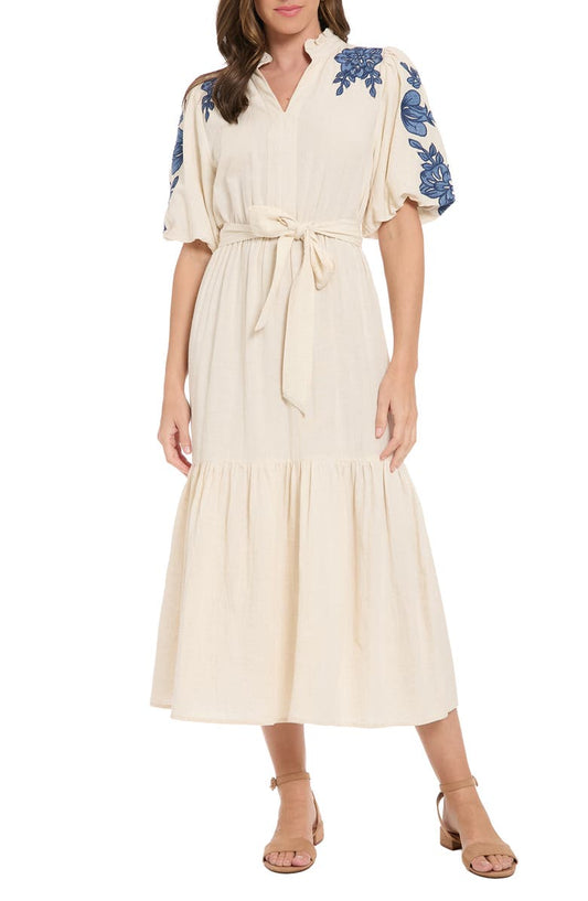 London Times Embroidered Bubble Sleeve Maxi Dress