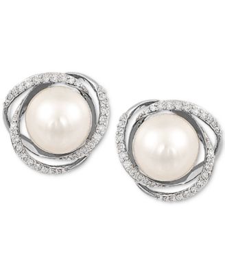 Honora Cultured Freshwater Pearl (7mm) & Diamond (1/8 ct. t.w.) Stud Earrings in 14k Gold