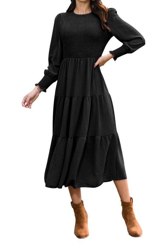 Walmart Mengpipi Womens Casual Long Sleeve Midi Dresses Smocked Flowy Tiered Dress Black, Size 12-14