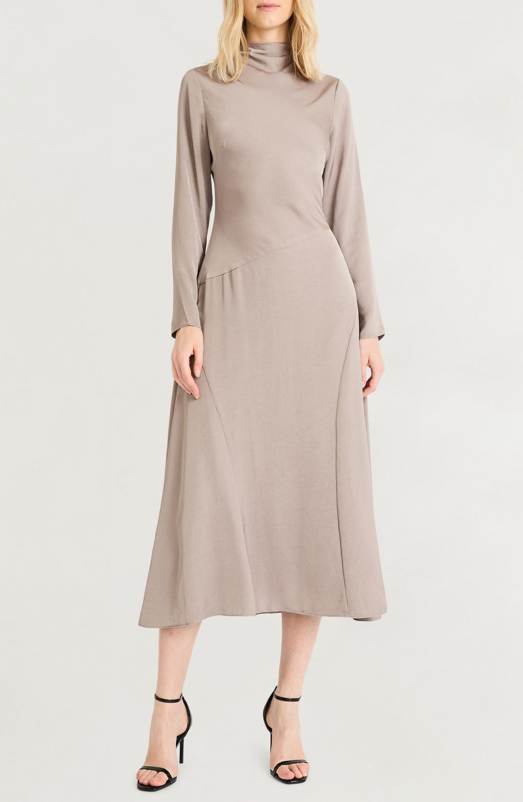 Luxely Funnel Neck Long Sleeve Midi Dress, Main, color, Taupe Gray