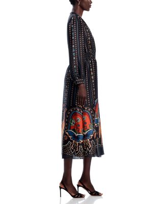 T Tahari Long Sleeve Split V Neck Midi Dress