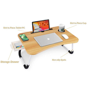 thumbnail image 3 of PHANCIR Foldable Lap Desk, 23.6 Inch Portable Wood Laptop Desk Table Workspace Organizer Bed Sofa Tray with Slots/Cup Holder/Drawer, Anti-Slip for Reading Writing Eating Watching, Walnut, 3 of 7