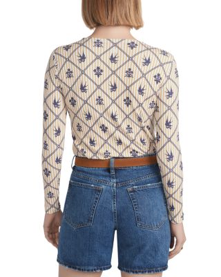 Point Embroidered Bird Print Top