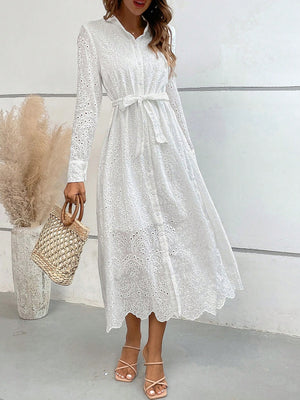 SHEIN LUNE Eyelet Embroidery Belted Shirt Dress