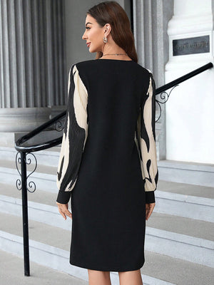 EMERY ROSE Women's Fashionable Black Skirt Splice Color Long Sleeve Dress