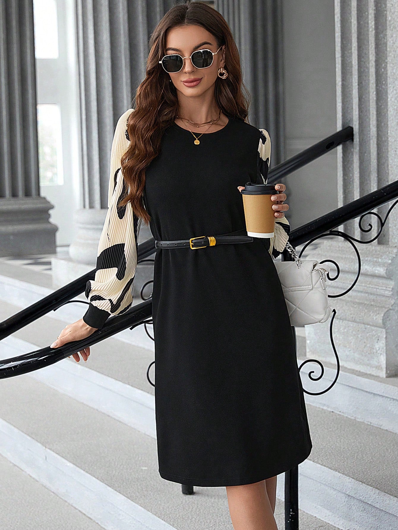 EMERY ROSE Women's Fashionable Black Skirt Splice Color Long Sleeve Dress