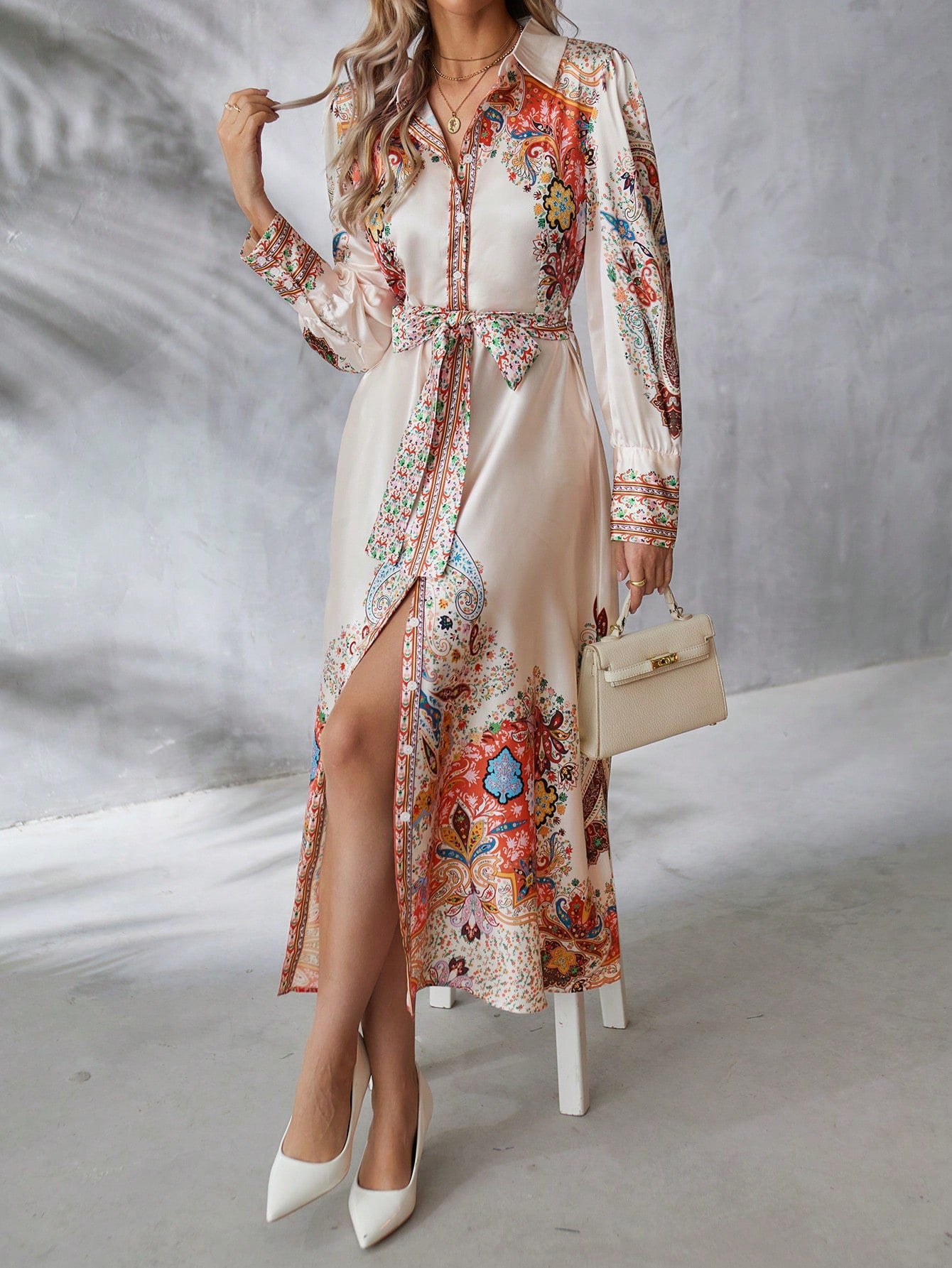 SHEIN Clasi Paisley Printed Long Sleeve Dress With Waist Belt