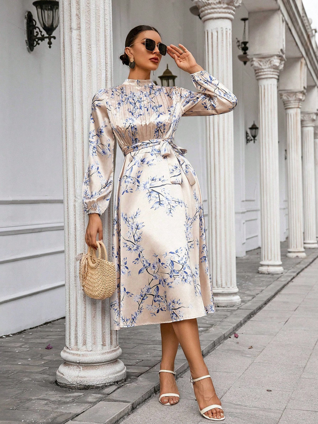 SHEIN VCAY Women'S Floral Print Long Sleeve Dress
