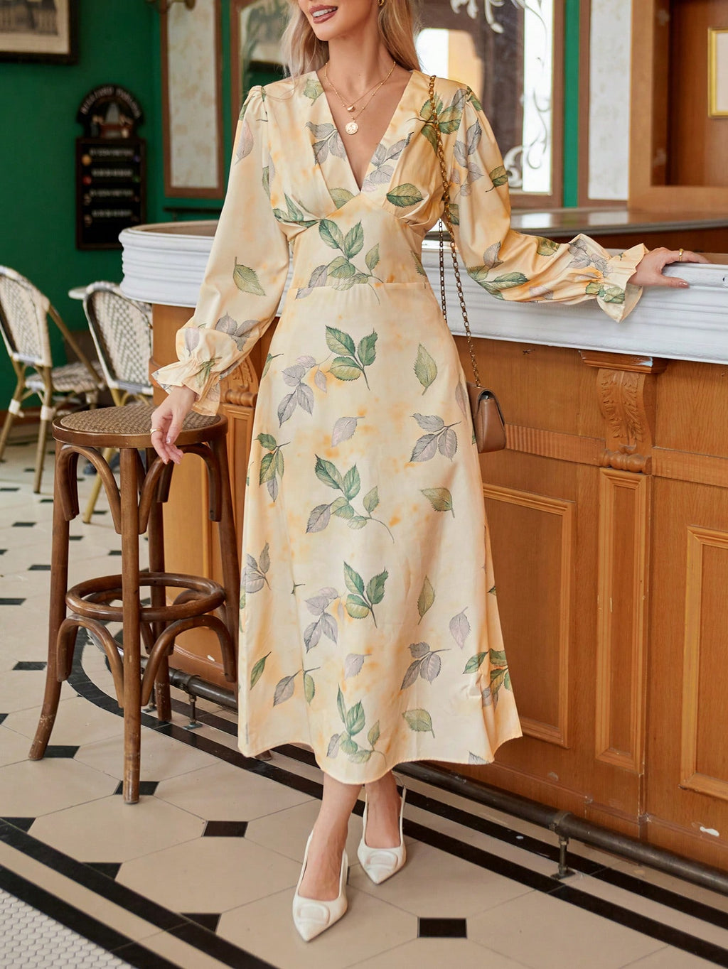 SHEIN Privé Botanical Printed Long Sleeve Dress