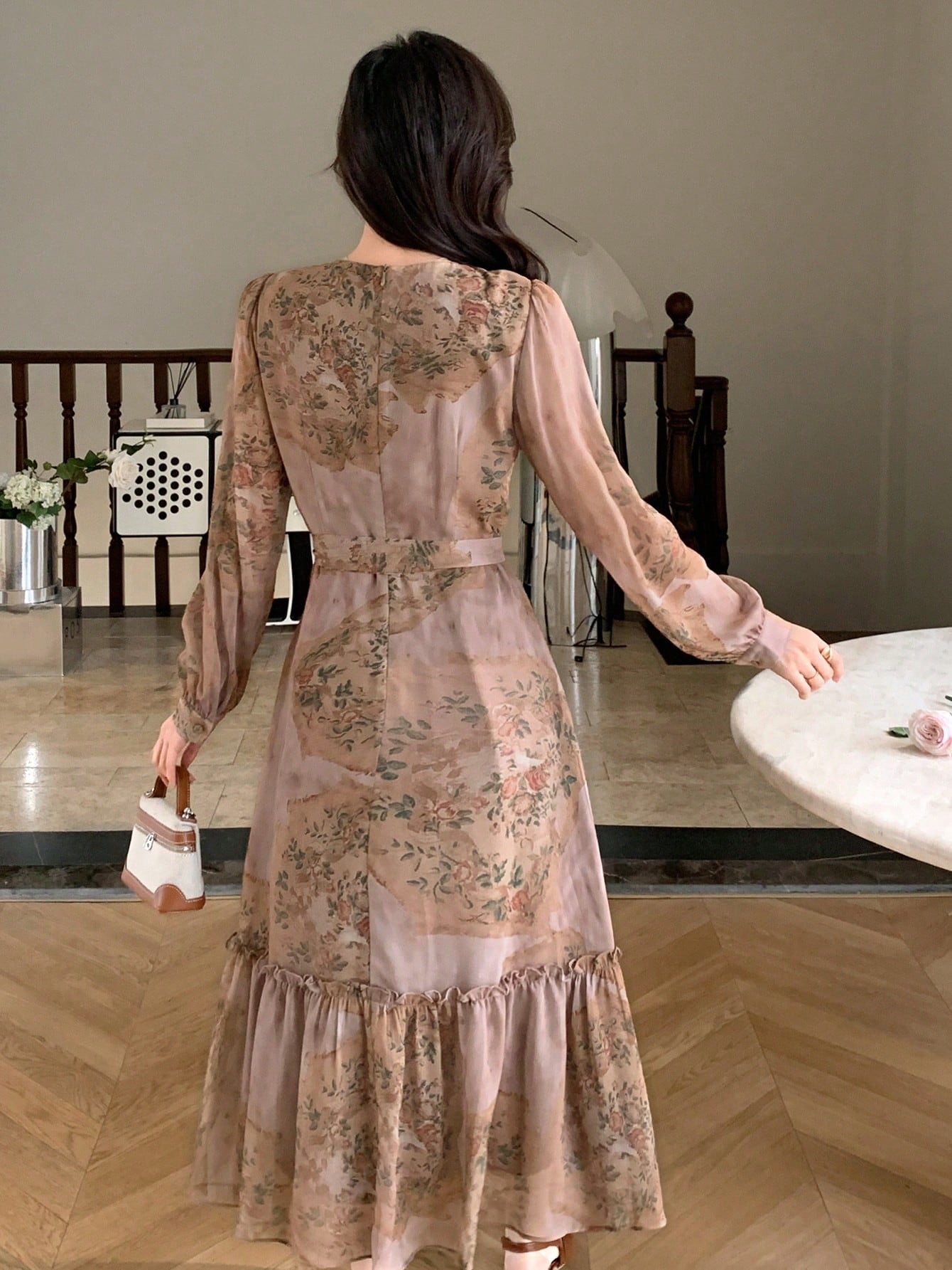 DAZY Women'S Floral Print Wrap Neck Lantern Sleeve Dress