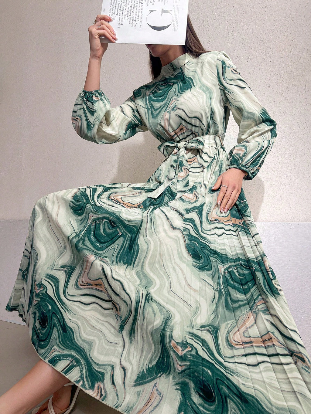 SHEIN Mulvari Women'S Marble Printed Lantern Sleeve Dress