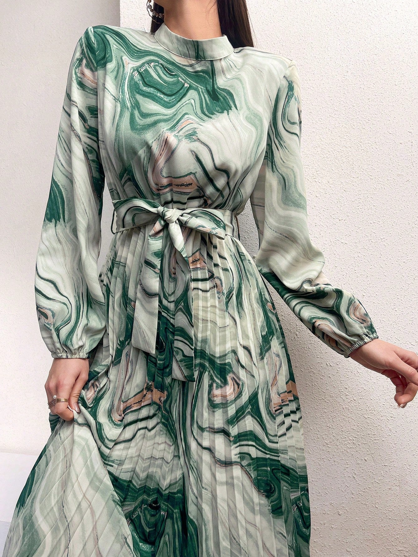 SHEIN Mulvari Women'S Marble Printed Lantern Sleeve Dress