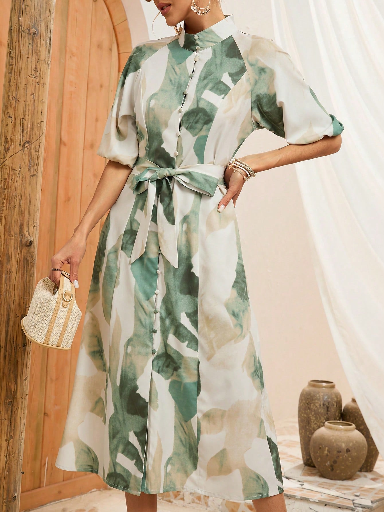Trending!! SHEIN VCAY Ladies' Printed Lantern Sleeve Dress
