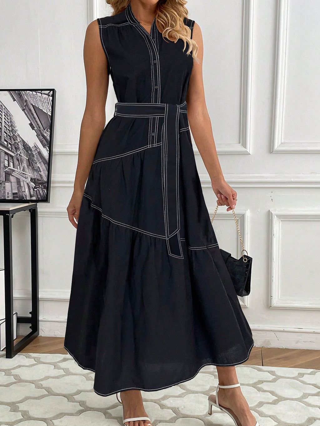 SHEIN Frenchy Women'S Fashion Stitching Belted Dress