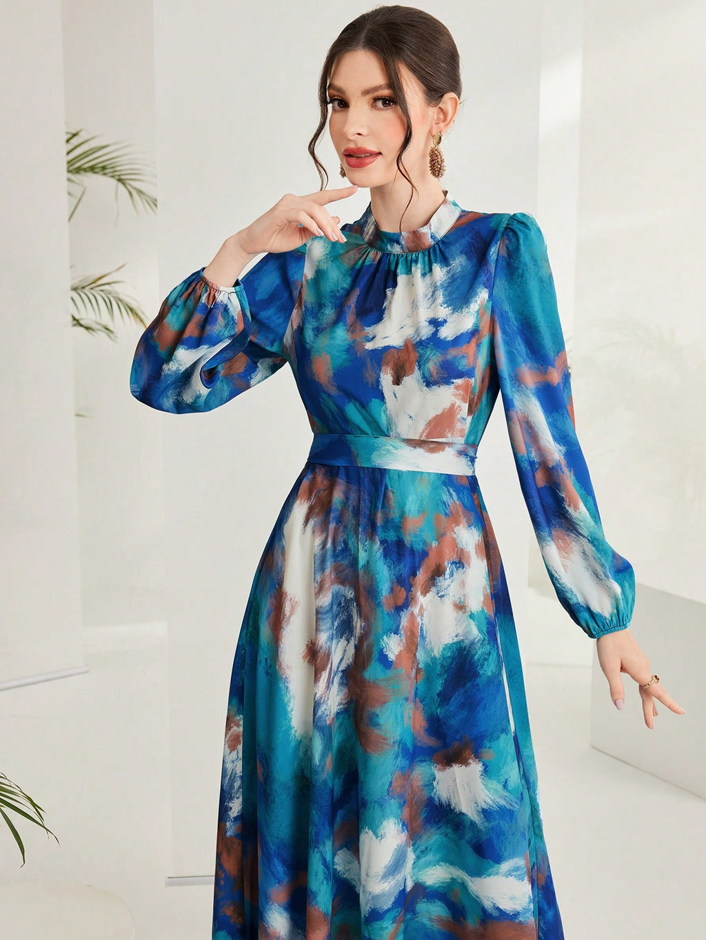 SHEIN Modely Ladies' Tie-Dye Lantern Sleeve Dress