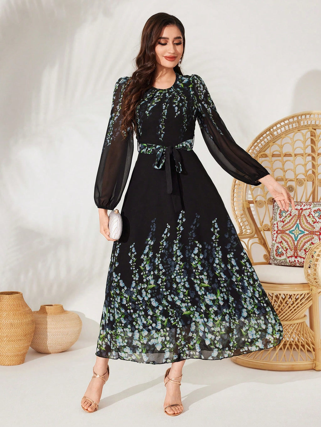 SHEIN Modely Women's Floral Print Lantern Sleeve Dress