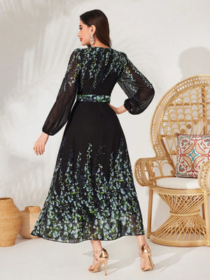 SHEIN Modely Women's Floral Print Lantern Sleeve Dress