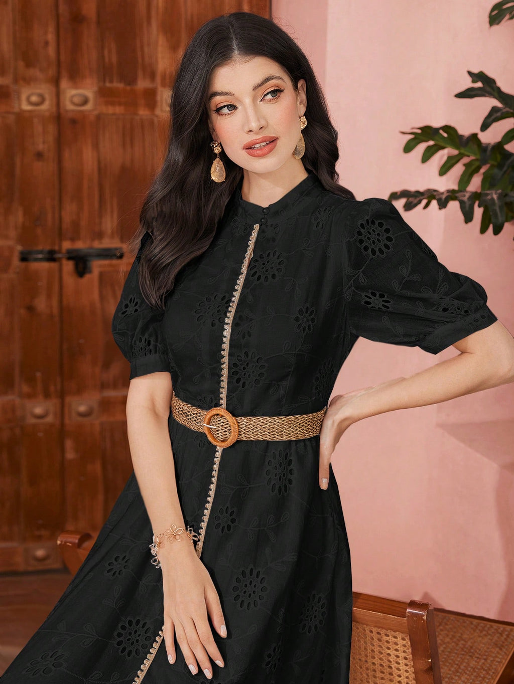 SHEIN Modely Women's Hollow Out Embroidery Patchwork Gauze Belt Bubble Sleeve Dress