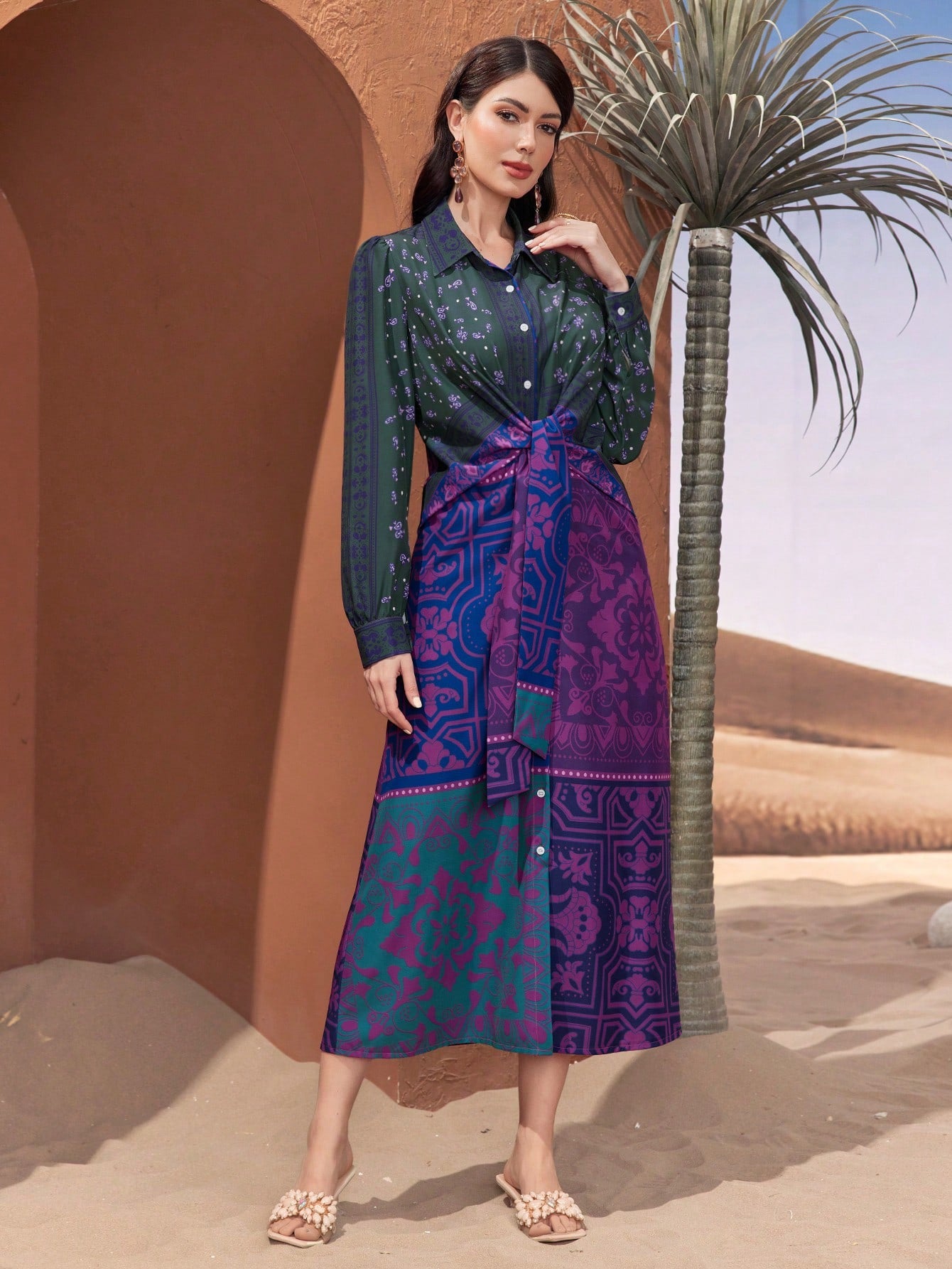 SHEIN Mulvari Women's Floral Print Waist Tie Long Sleeve Midi Dress