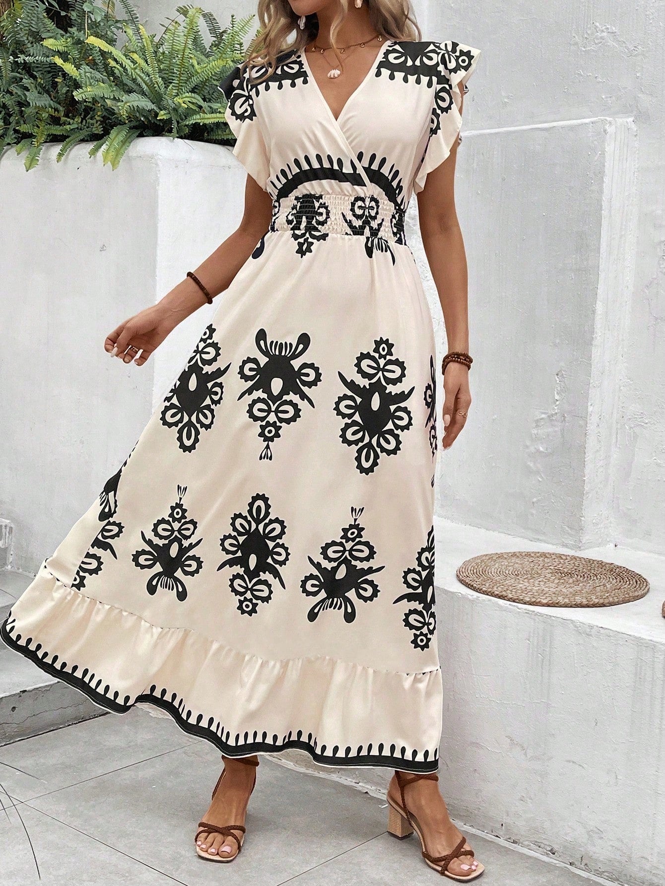 SHEIN Clasi Women's Waist-Wrap Short Sleeve Floral Print Dress