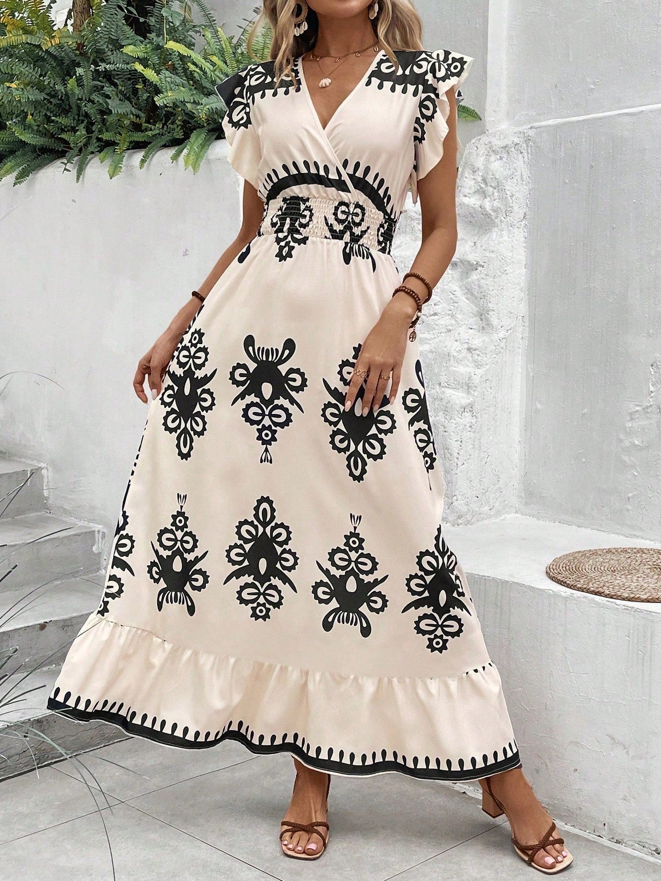 SHEIN Clasi Women's Waist-Wrap Short Sleeve Floral Print Dress