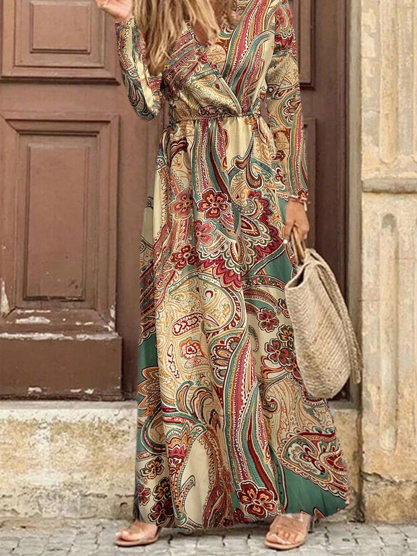 SHEIN LUNE Paisley Pattern Printed Long Sleeve Dress