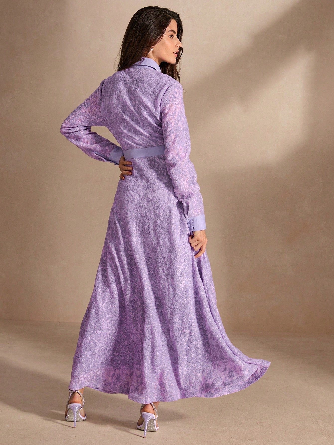 Anewsta Purple Lace Diamond Embellished Flared Women's Dress