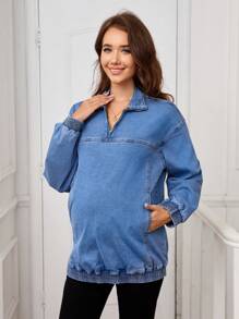 LocalSHEIN Maternity Loose Dolman Sleeve Zip Up Denim Jacket For Spring Autumn