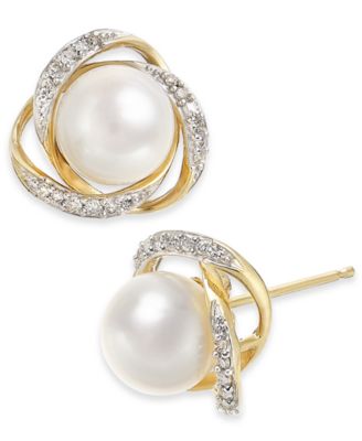 Honora Cultured Freshwater Pearl (7mm) & Diamond (1/8 ct. t.w.) Stud Earrings in 14k Gold