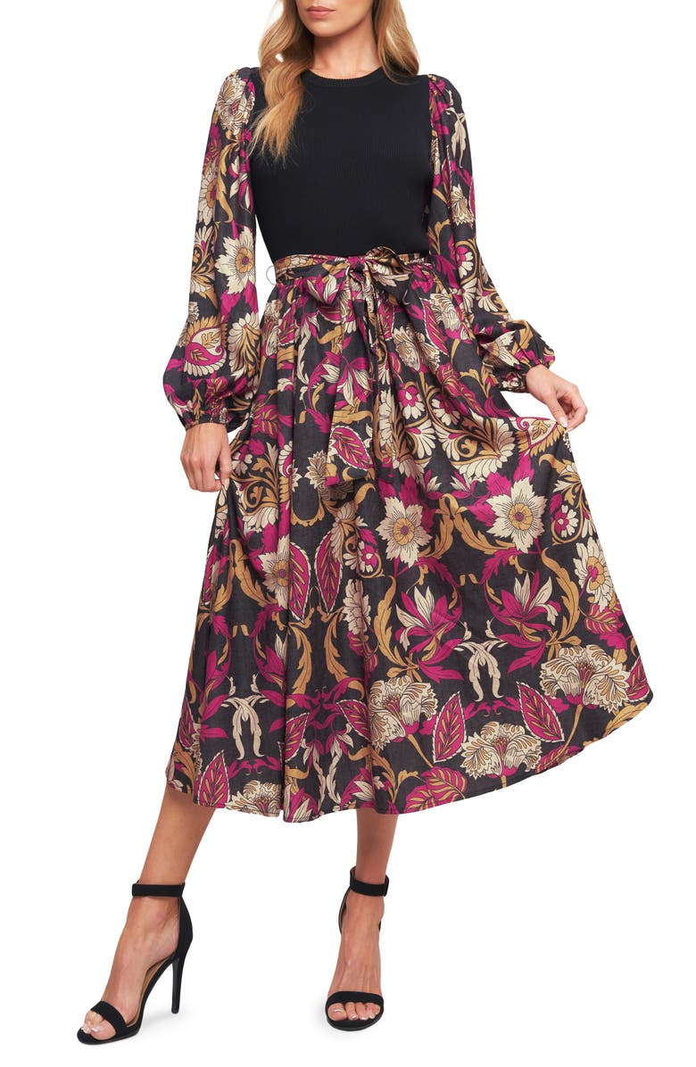 FLYING TOMATO Long Sleeve Mixed Media Fit & Flare Dress