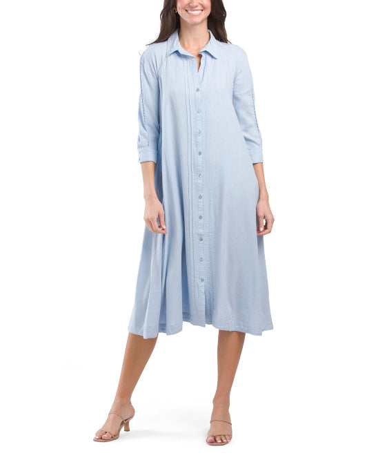 Linen Blend Long Sleeve Button Front Maxi Shirt Dress