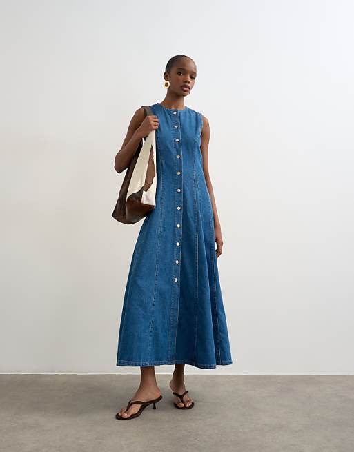 Topshop denim godet seamed midaxi dress in rich blue