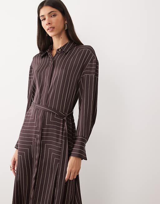 Mango shirt detailing maxi dress in brown stripes
