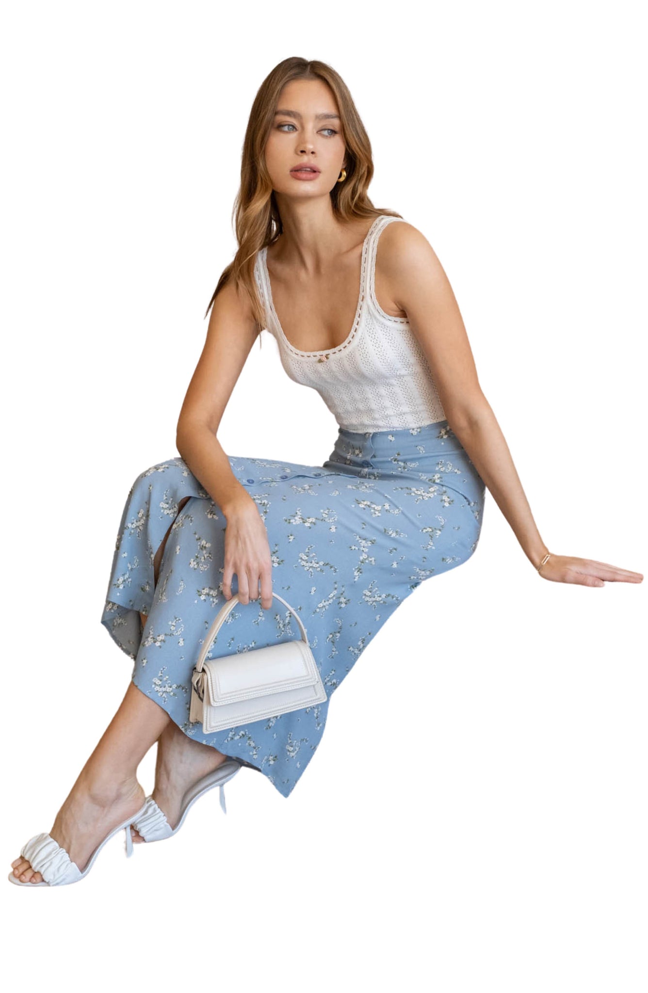 Blu Pepper Floral Print Midi Skirt, Alternate, color, Dusty Blue