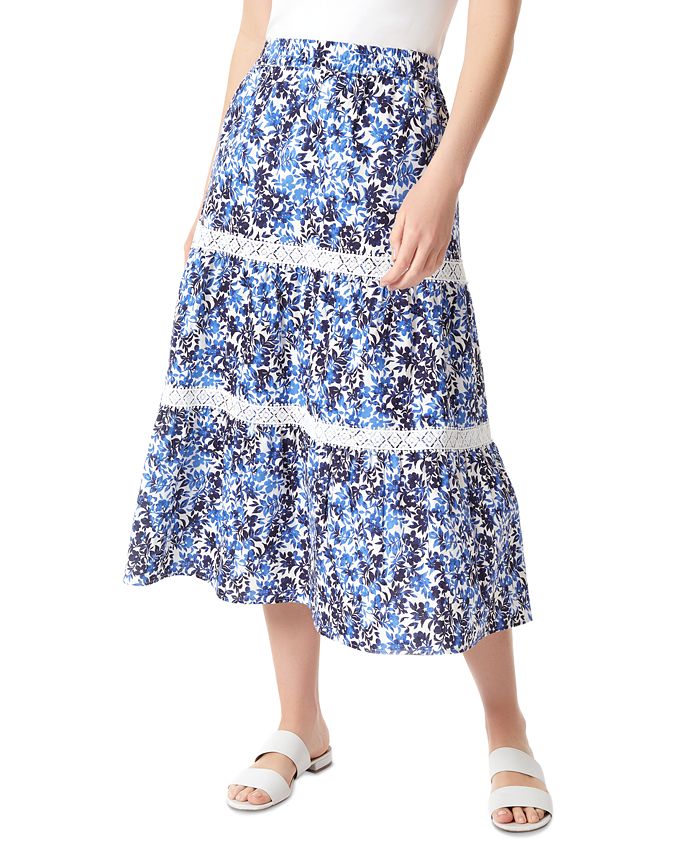 Jones New York - Women's Floral-Print Lace-Trimmed Tiered Pull-On Midi Skirt