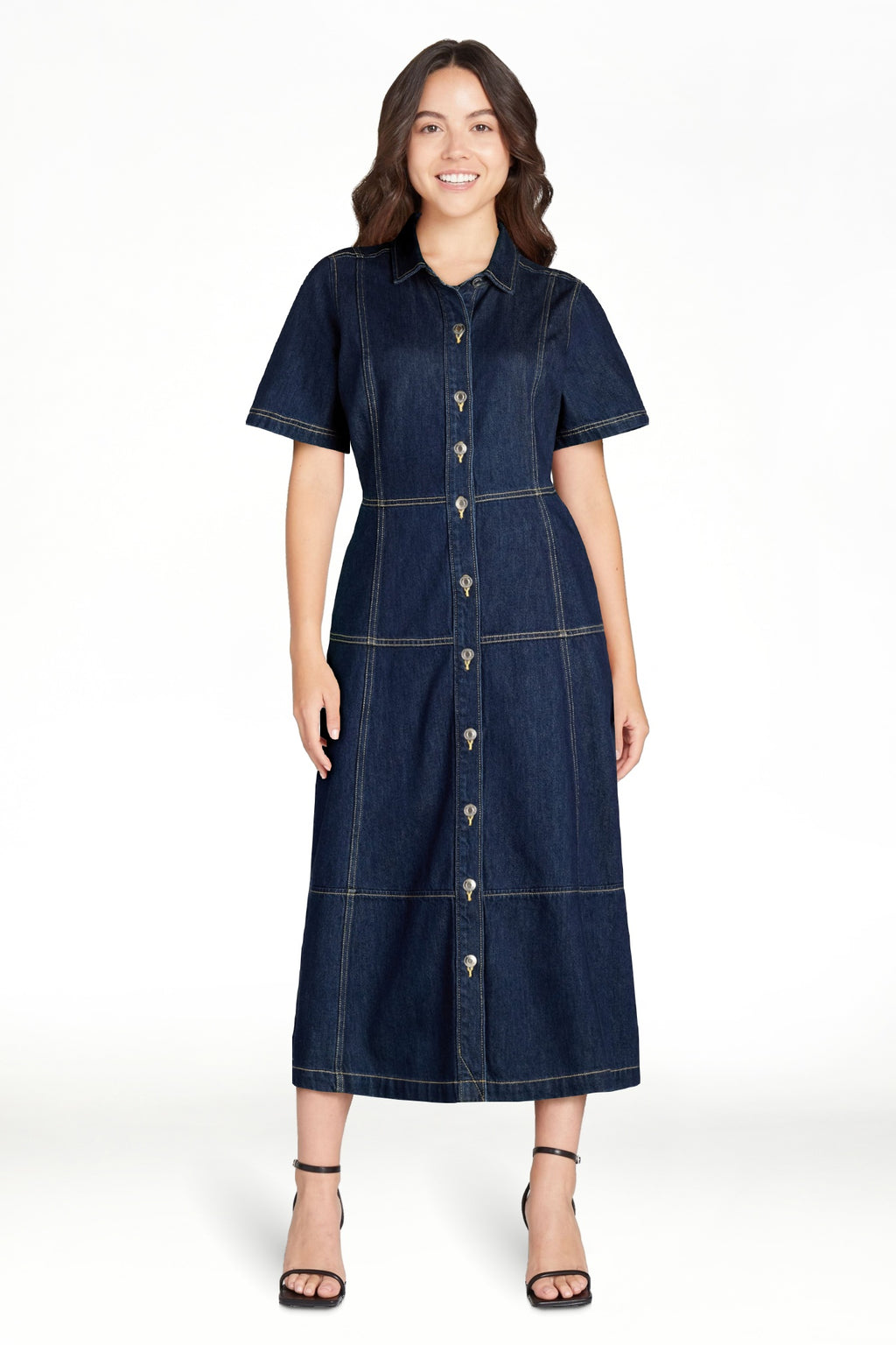 thumbnail image 1 of Free Assembly Women's Button Front Cotton Midi Dress with Short Sleeves, XS-XXL, 1 of 8