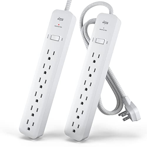 KMC 6-Outlet Surge Protector Power Strip 4 ft cord 2-Pack, 1080J Power Surge Protector, 4-Foot Long Braided Extension Cord with Multiple Outlets, Power Strip Surge Protector, 6 Power Outlet, Flat Plug