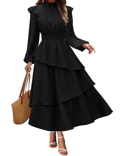 GRACE KARIN Women's Long Sleeve Fall Dresses 2024 Casual Ruffle Mock Neck Midi Wedding Guest Cocktail Flowy Dress