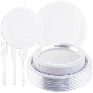 LUODA MirthMood 250Pcs Clear Disposable Plates, Clear Dinnerware Set for Party including 50pcs 9inch Dinner Plates, 50pcs 7inch Salad Plates and 50 Sets of Clear Plastic Silverware