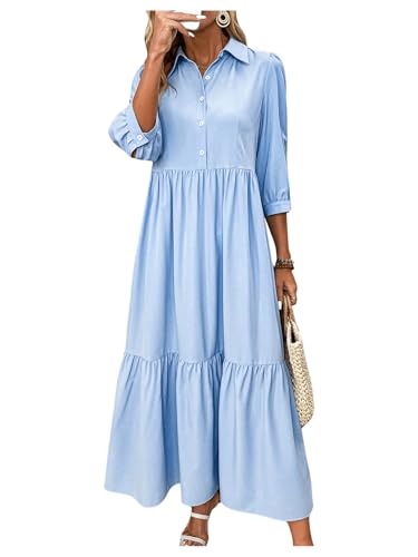 MakeMeChic Women's Lantern Sleeve Ruffle Tiered Maxi Dress Button Smocked Dresses