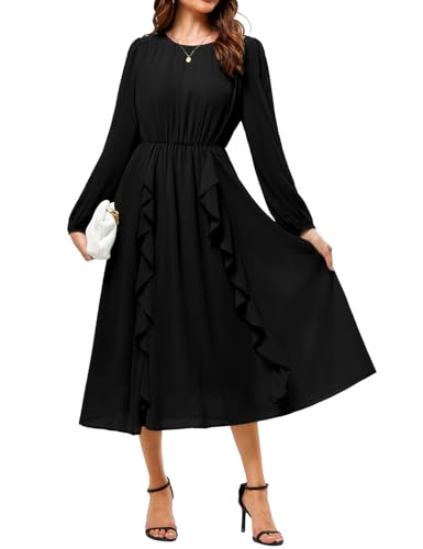 JASAMBAC Womens Long Sleeve Wedding Guest Dresses Flowy Chiffon Ruffled A-Line Midi Dresses 2024 Fall Casual Long Dress
